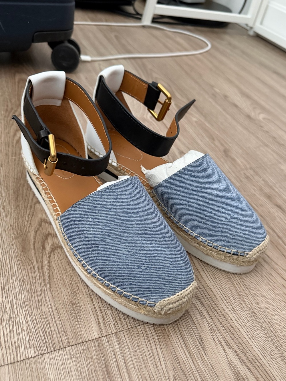 See By Chloe Blue Denim Espadrille Wedge Sandals with Black Ankle Strap